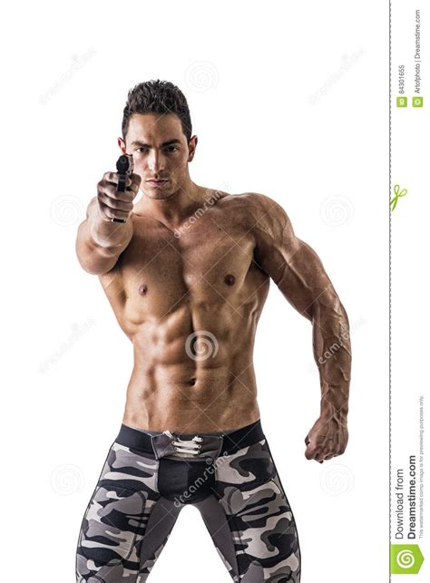 Athletic Topless Man Holding Handgun Against White Stock