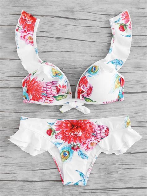 Swimwear By Borntowear Ruffle Trim Flower Print Bikini Set Flower