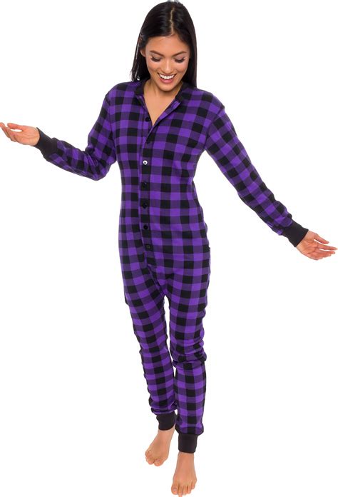 Silver Lilly Unisex Adult Plaid One Piece Pajamas W Drop Seat Black