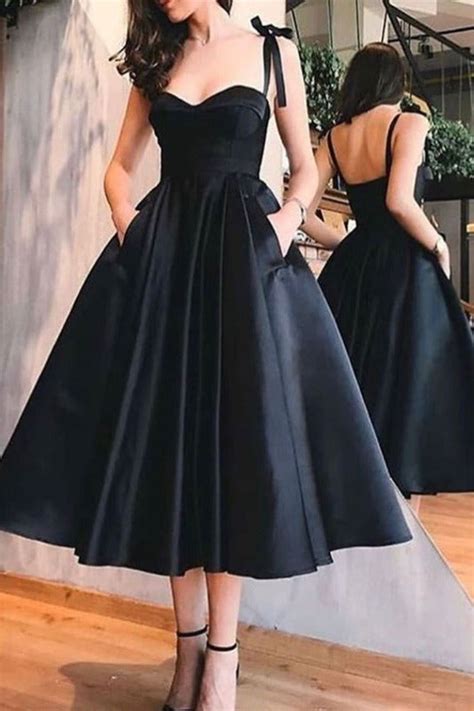 Vintage Inspired Tea Length Black 50s Prom Dress With Pockets 50s Style Bridesmaid Dress081619