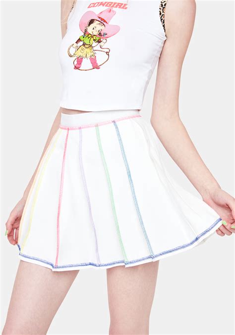 Rainbow Exposed Stitching Pleated Mini Skater Skirt White Dolls Kill