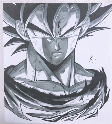 An Ink Drawing Of Gohan From Dragon Ball Fighterz With His Eyes Closed