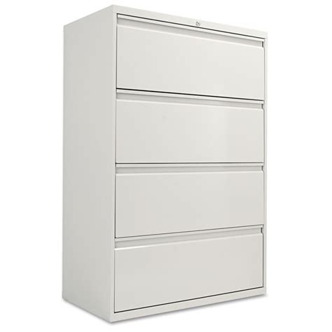 Interlock system prevents tipping by allowing one drawer to open at a time. Four Drawer Lateral Filing Cabinets