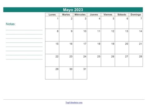 Calendario Mayo 2023 Para Imprimir Mensual Para Notas