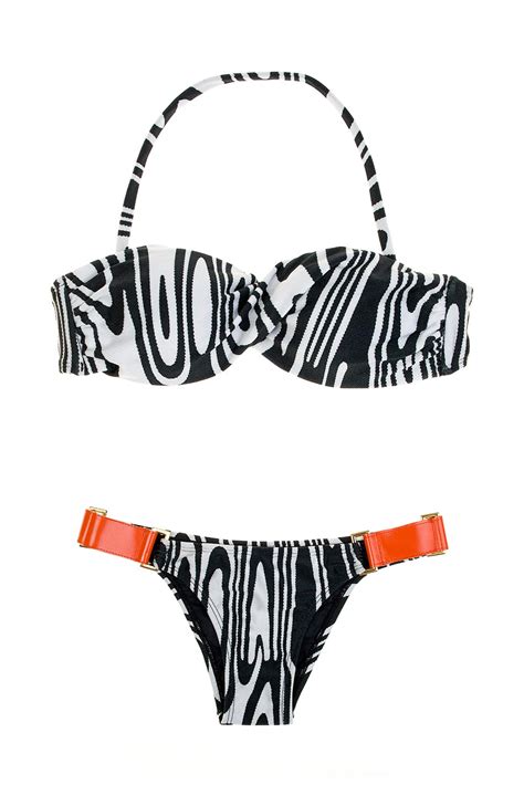 Black And White Zebra Pattern Bandeau Bikini With Orange Inserts