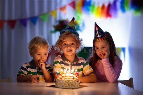 Kids Birthday Party Children Blow Cake Candles Stock Photo Image Of