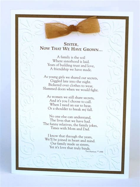 You know you will always have someone to look up to and depend on, even after your parents reach a certain age! Sister Now That We Have Grown Card | Sister wedding gift ...