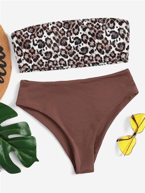 shein leopard print bandeau with high waist bikini set printed bandeau high waisted bikini
