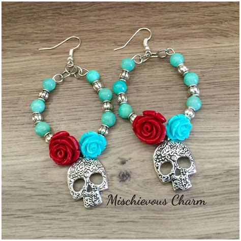 Day Of The Dead Sugar Skull Rose And Turquoise Bead Hoop Earrings