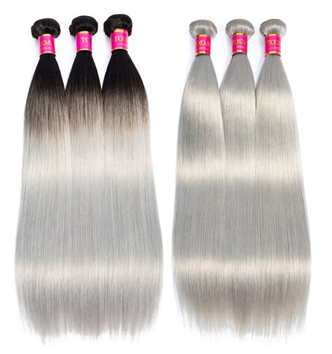 TODAY ONLY 3 Bundles Silver Grey Straight Human Hair Bundles Ombre ...