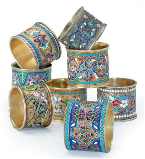 Eight Russian Silver Cloisonne Enamel Napkin Rings Variously Marked