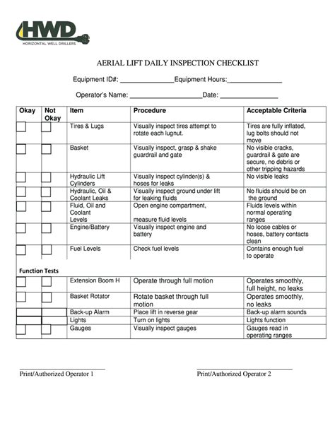 Fillable Online Aerial Lift Daily Inspection Checklist Fax Email Print