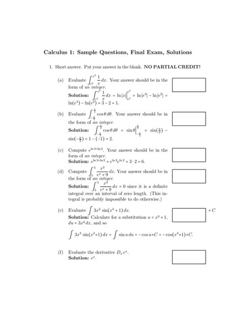 Calculus 1 Sample Questions Final Exam Solutions