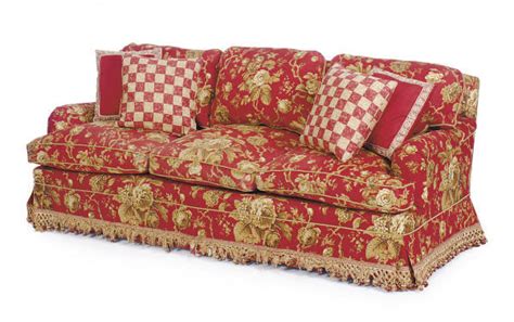 Sofa, fabric sofa, leather sofa, chair. A THREE-SEAT RED AND BEIGE FLORAL PRINT COTTON SOFA ...