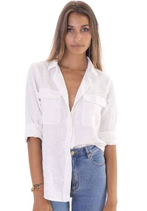 White Linen Shirt For Women With Two Front Pockets French Etsy