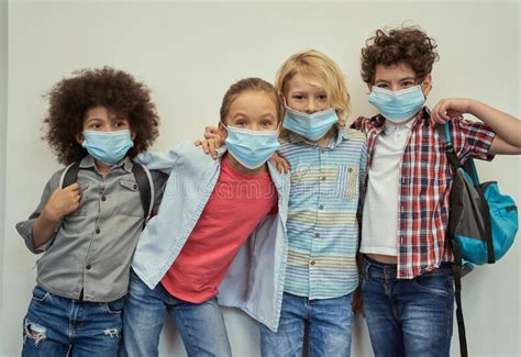 Best Friends Four Adorable Diverse Kids Wearing Protective Face Masks
