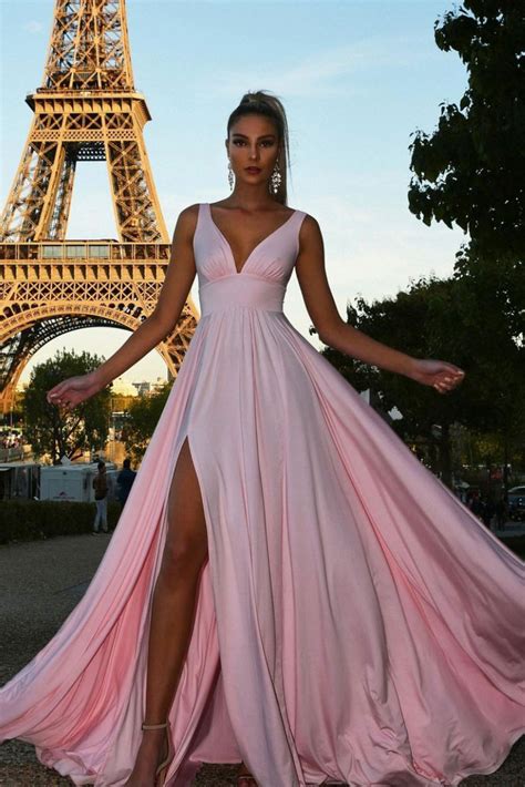 Simple Pink V Neck Satin Long Prom Dress Pink Evening Dress · Of Girl