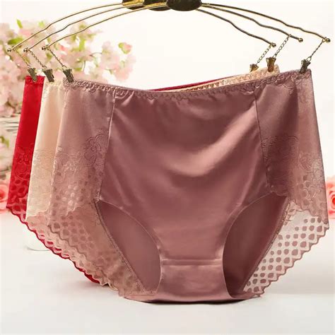 High Waist Lace Plus Size Panties Women Ice Silk Transparent Large Size Satin Briefs Intimates
