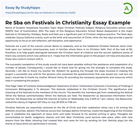 Re Sba On Festivals In Christianity Essay Example