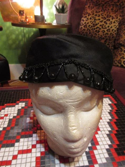 1910s Black Silk Satin Skullcap Style Hat With Black Gem