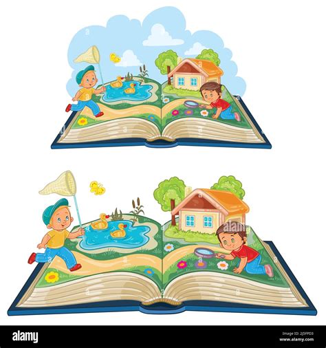 Vector Illustration Of Young Children Studying Nature As An Open Book