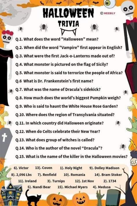 In these movies trivia questions and answers, you'll learn more about plotlines, characters, set locations, characters, box office sales, and more when it comes to top silver screen releases. 90+ Halloween Trivia Questions & Answers - Meebily ...