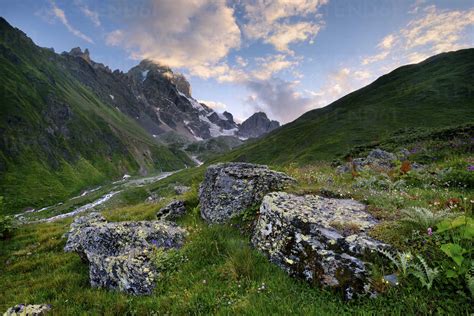 Rural Landscape Ushba Mountain In Background Caucasus Svaneti