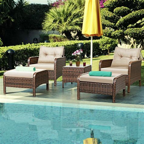 Shop the best selection of outdoor furniture from overstock your online garden & patio store! 5 PCS Rattan Wicker Furniture Set Sofa Ottoman W/ Cushions Patio Garden Yard NEW | eBay