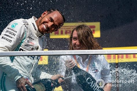 Lewis Hamilton Mercedes Amg F1 1st Position Sprays Champagne On The Podium Mercedes Amg