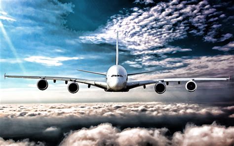 Download Wallpapers Flying A380 Blue Sky Clouds Airbus A380