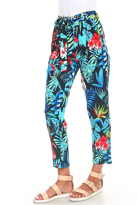 Geman Womens Tropical Print Capri Ankle Length Pants Tie Waist Floral
