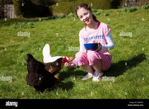 Junge Mädchen Die Hühner Füttern Stockfotografie Alamy
