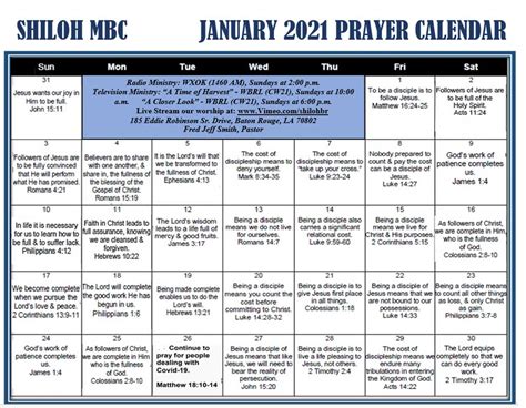 January 2021 Prayer Calendar Shiloh