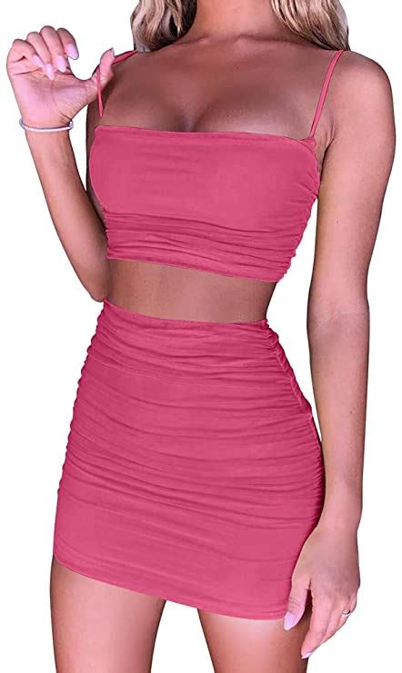 Beagimeg Womens Ruched Cami Crop Top Bodycon Skirt 2 Piece Outfits Dress Clothing