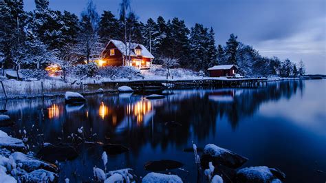 Winter Holiday Night At The Cottage In The Mountain