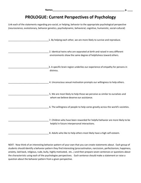 Perspectives Of Psychology Worksheet