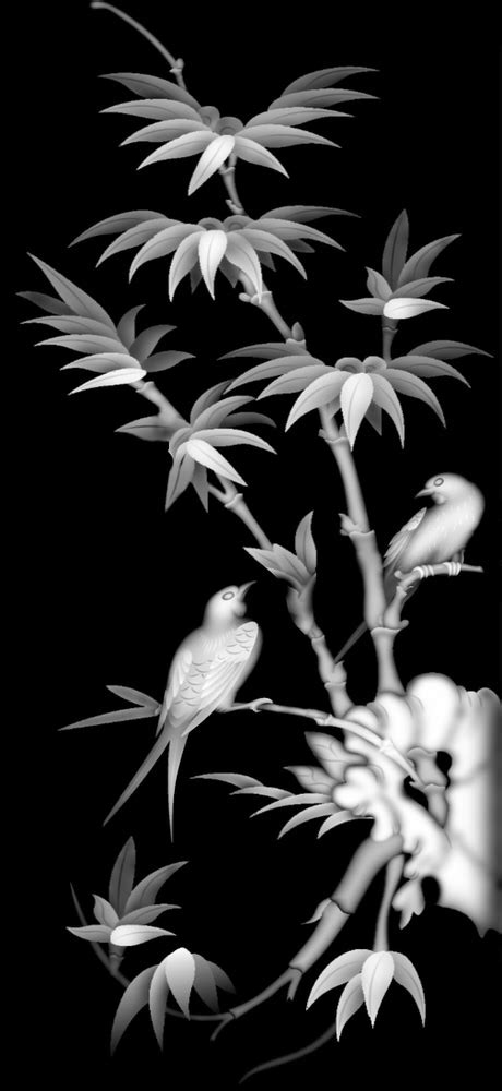 Grayscale Picture Of Bamboo And Bird Bitmap Bmp Format File Free