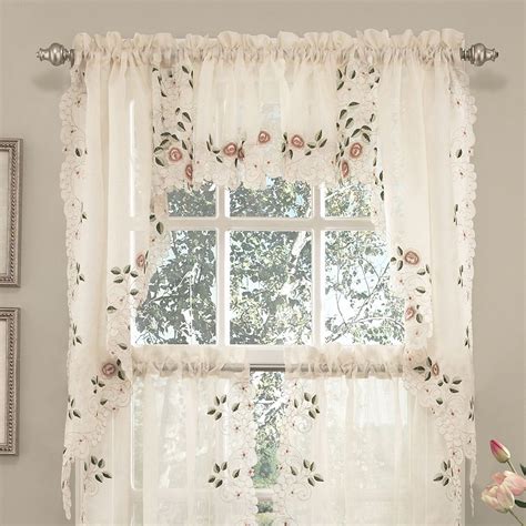 Old World Floral Embroidered Kitchen Curtain Tier And Valance Swag