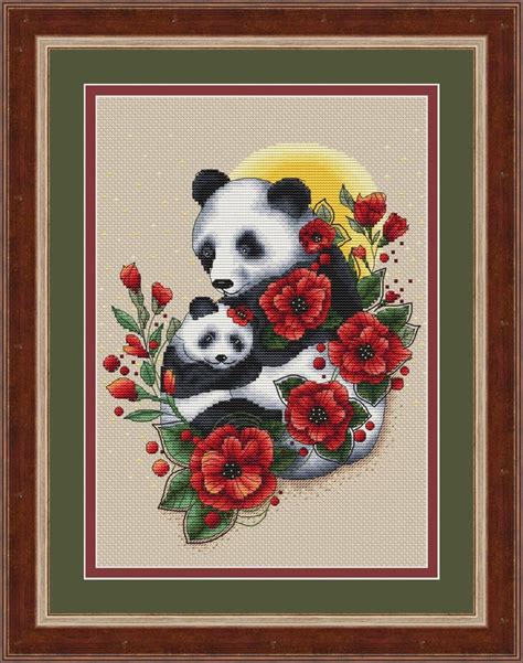 Pandas Pdf Cross Stitch Pattern Poppy Flowers Counted Cross Etsy