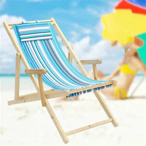 Simple Folding Portable Leisure Beach Chair Wood Canvas Chaise Lounge