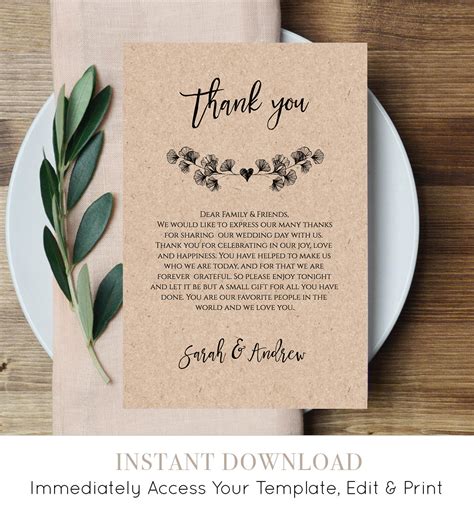 Rustic Wedding Thank You Printable Reception Thank You Note In Lieu Of Favor Card
