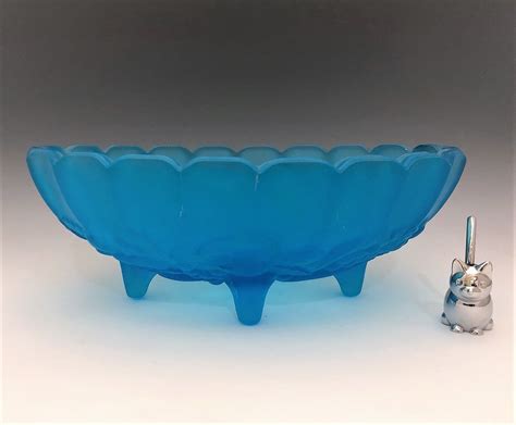 Vintage Indiana Blue Satin Glass Centerpiece Bowl Large Fruit Bowl Garland Pattern Hard To