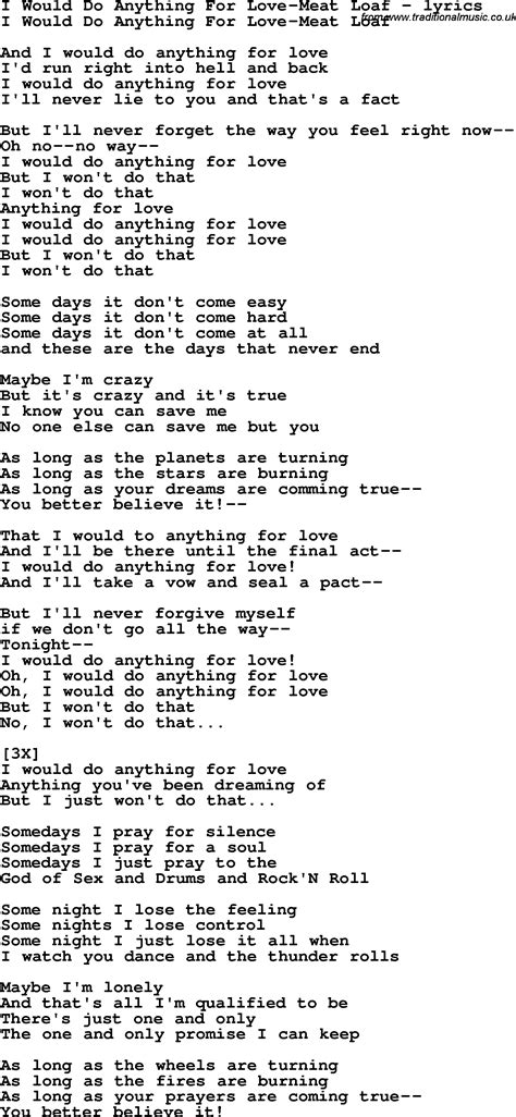 Love Song Lyrics For I Would Do Anything For Love Meat Loaf