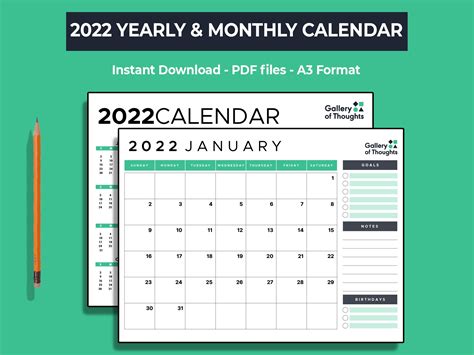 2022 Colorful Calendar Printable Yearly Calendar 12 Months Etsy Blank