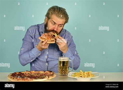 American Pub Menu Man Watching Football While Drinking Beer With Pizza And French Fries Eating