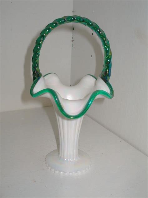 Fenton Milk Glass Emerald Crest Opalescent Basket Nr 1866180381