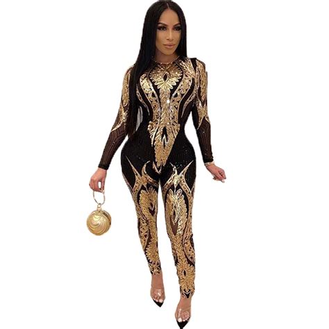 Cutubly Jumpsuits Long Pants Plus Size Gold Silver Sexy Sequin Bodycon
