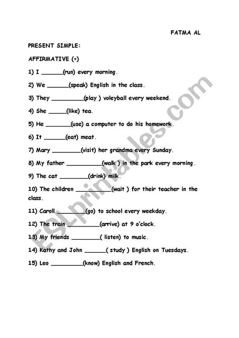 Present Simple Affirmative Form Esl Worksheet By Fatma6488