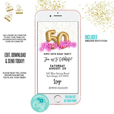 Editable Electronic 50th Birthday Invitation Birthday Evite Etsy