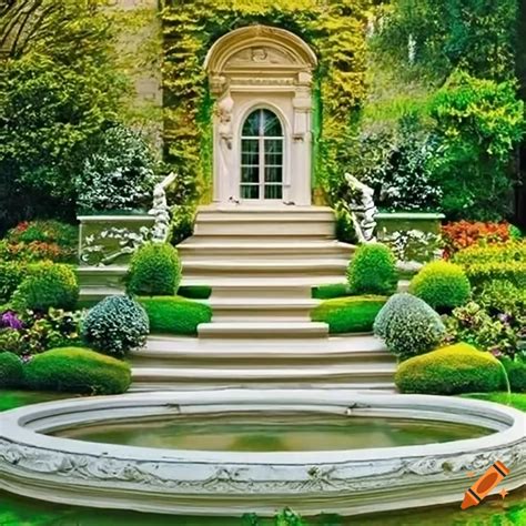Luxurious Baroque Garden With White House And Sculptures